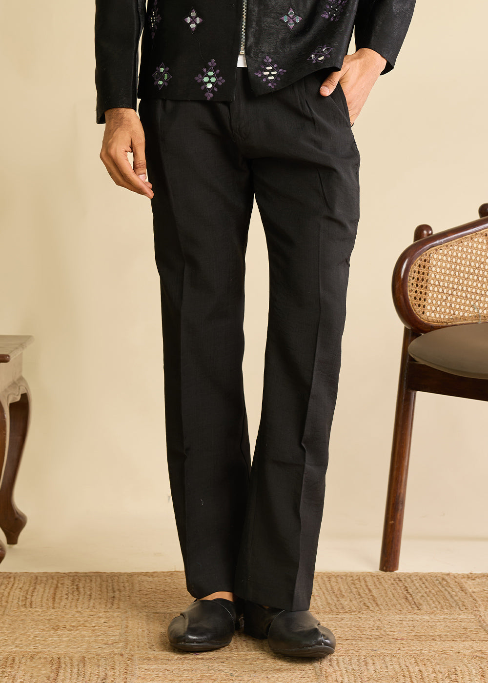 Onyx Black Velvet Jacket Pant Set with Mirror Detailing