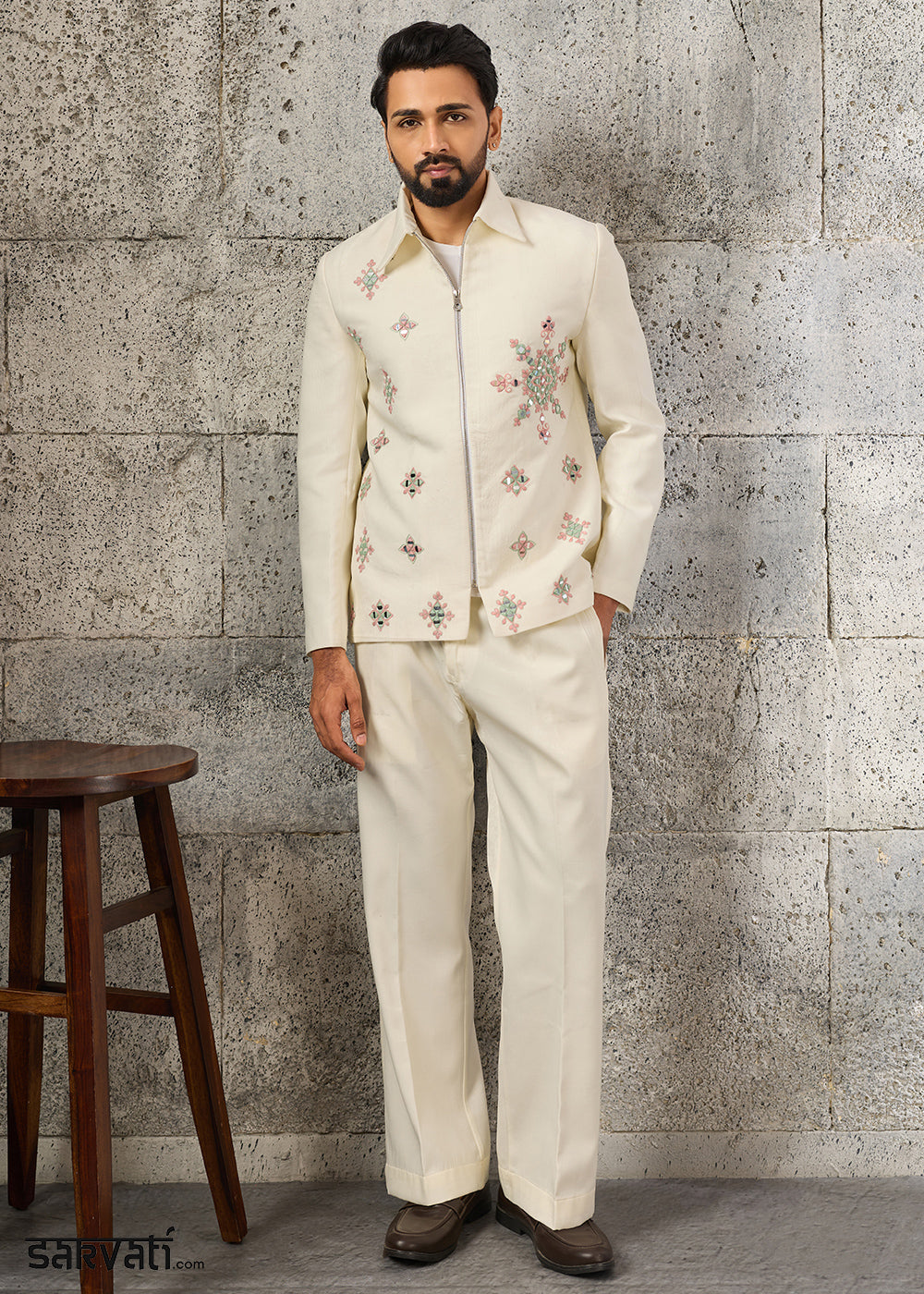 Cream White Velvet Jacket Pant Set with Mirror Detailing
