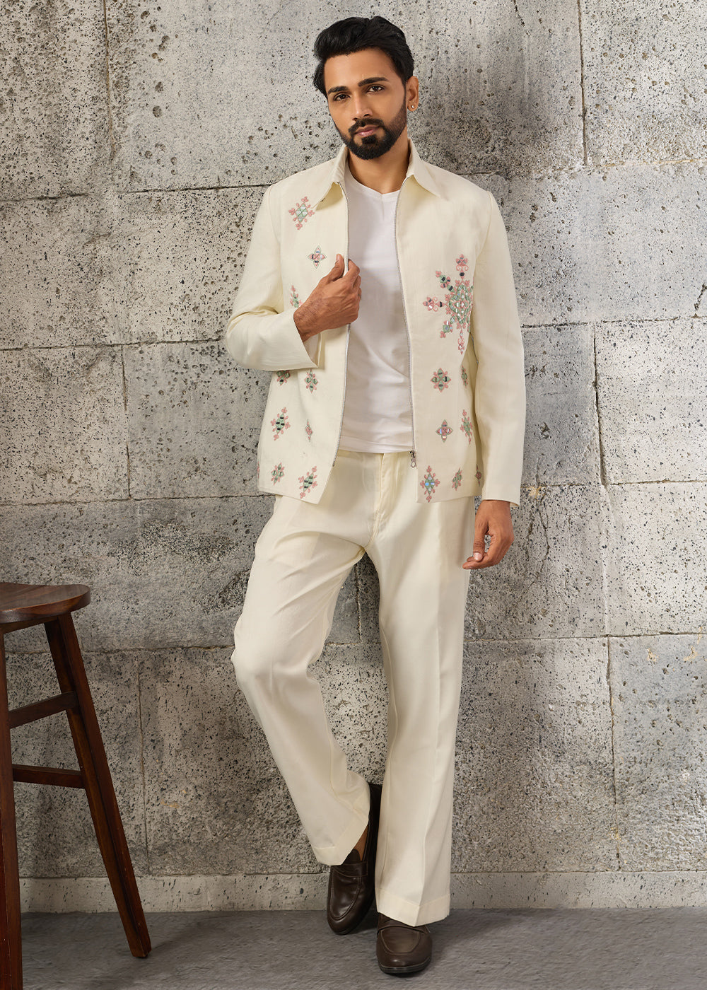 Cream White Velvet Jacket Pant Set with Mirror Detailing