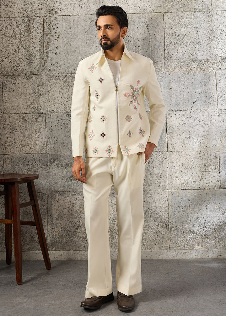 Cream White Velvet Jacket Pant Set with Mirror Detailing