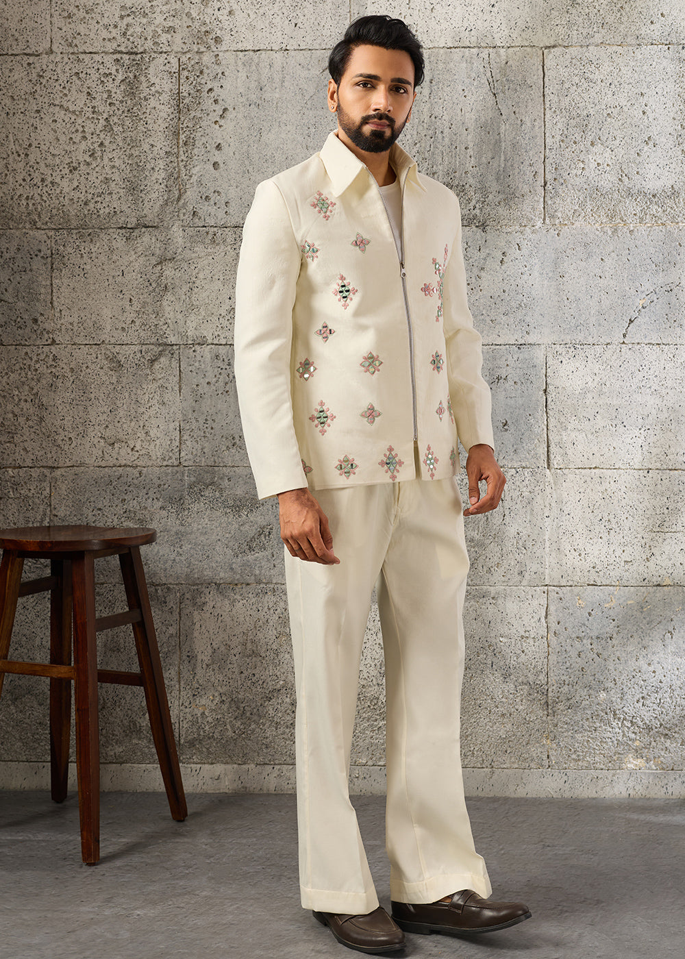 Cream White Velvet Jacket Pant Set with Mirror Detailing