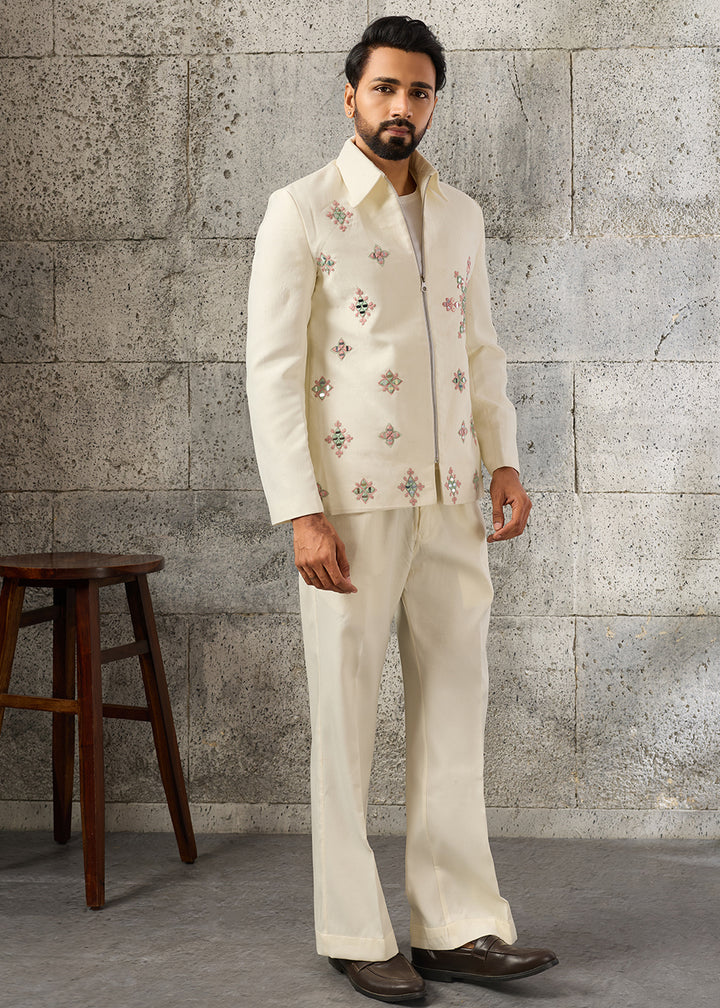 Cream White Velvet Jacket Pant Set with Mirror Detailing
