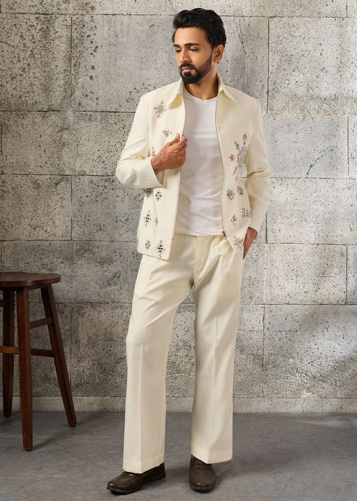 Cream White Velvet Jacket Pant Set with Mirror Detailing
