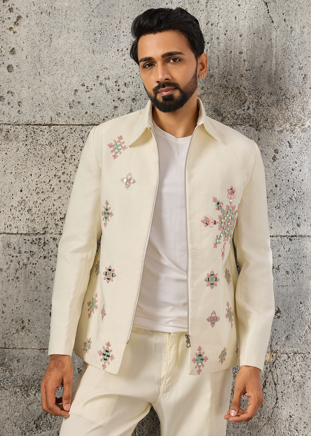 Cream White Velvet Jacket Pant Set with Mirror Detailing