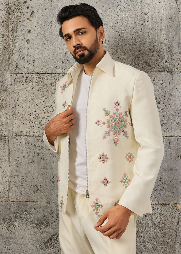 Cream White Velvet Jacket Pant Set with Mirror Detailing