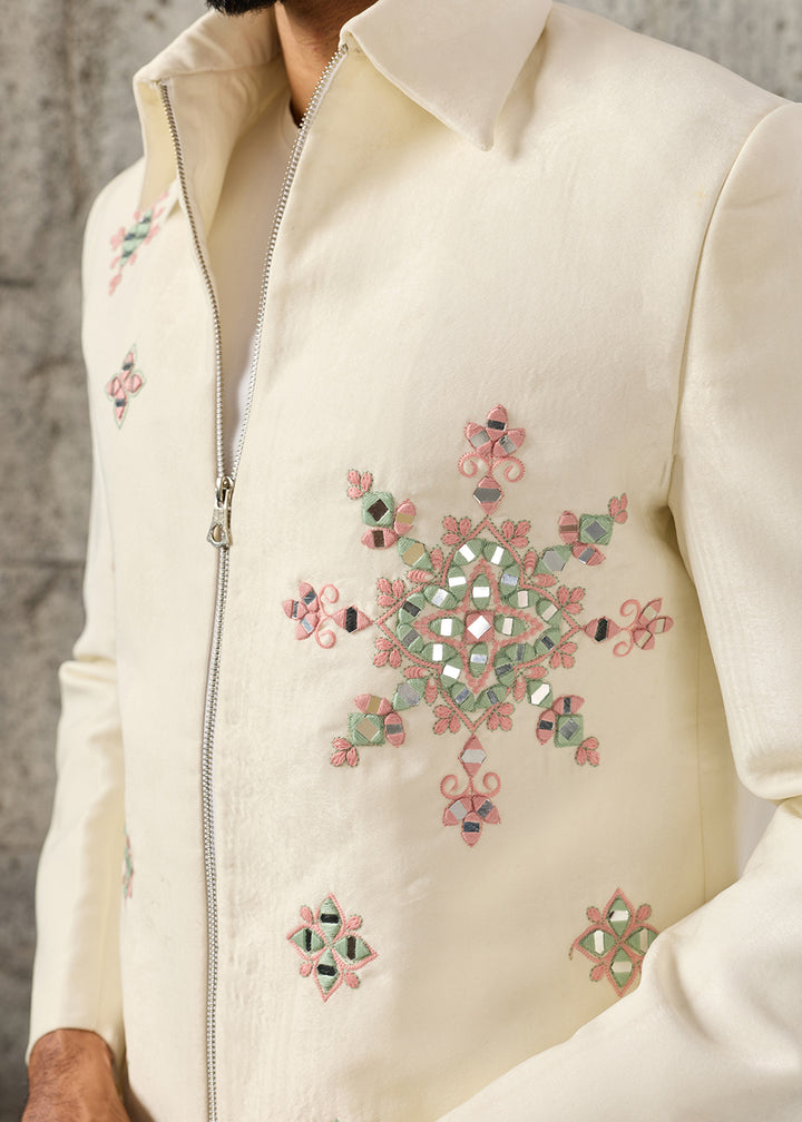 Cream White Velvet Jacket Pant Set with Mirror Detailing