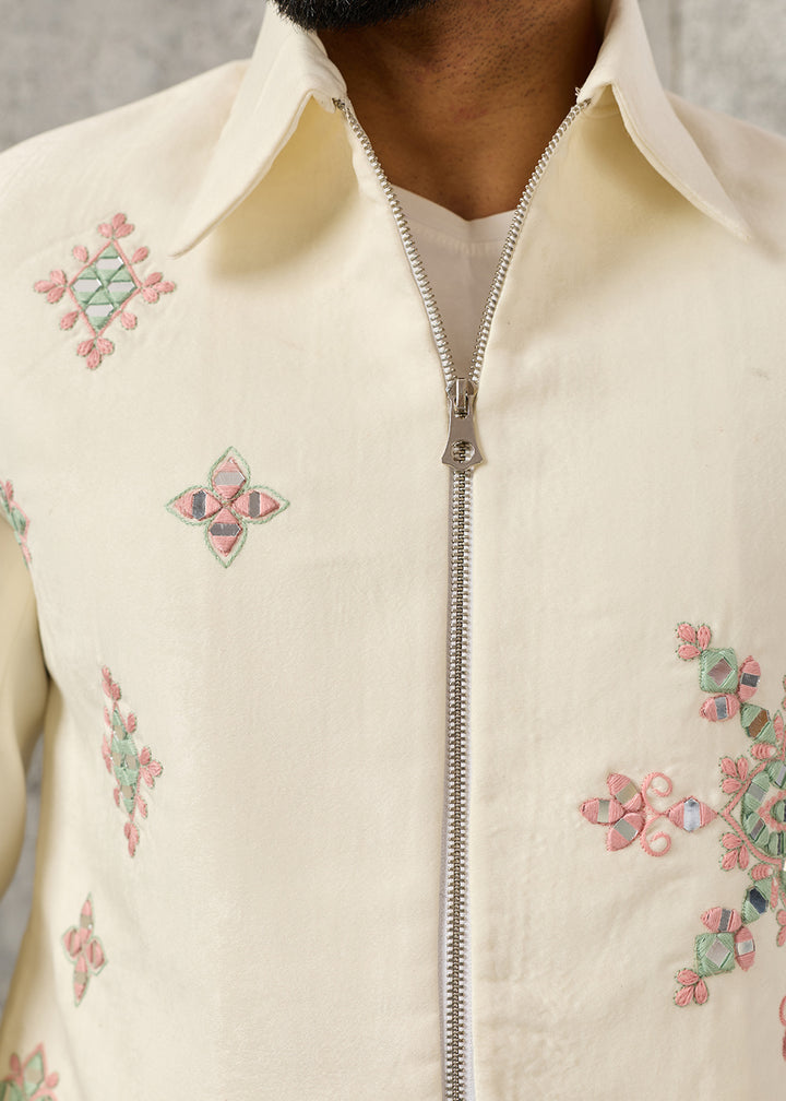 Cream White Velvet Jacket Pant Set with Mirror Detailing