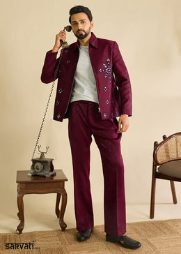 Berry Magenta Purple Velvet Jacket Pant Set with Mirror Detailing