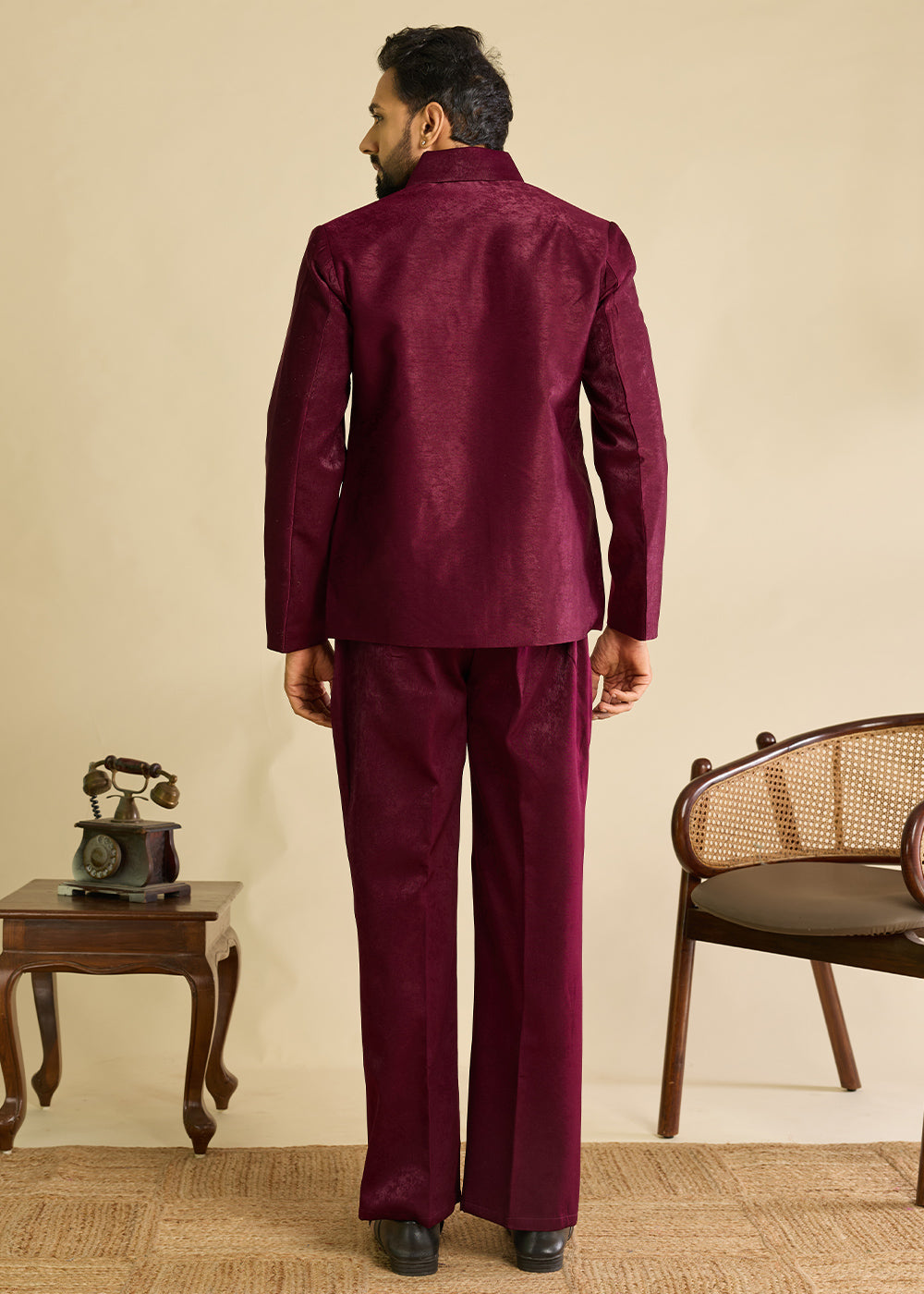 Berry Magenta Purple Velvet Jacket Pant Set with Mirror Detailing