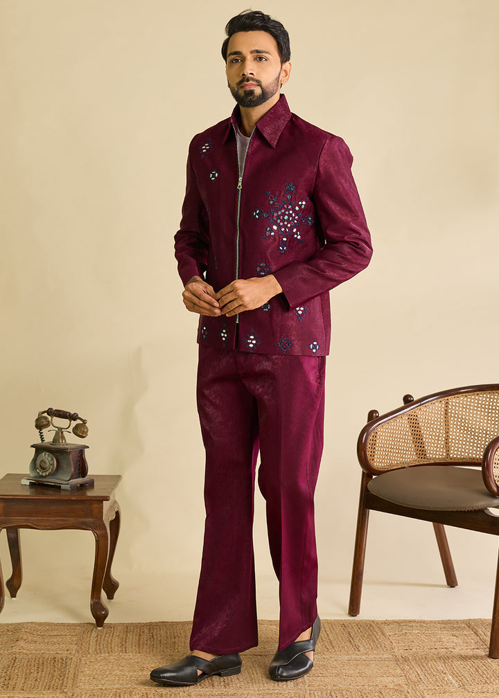 Berry Magenta Purple Velvet Jacket Pant Set with Mirror Detailing
