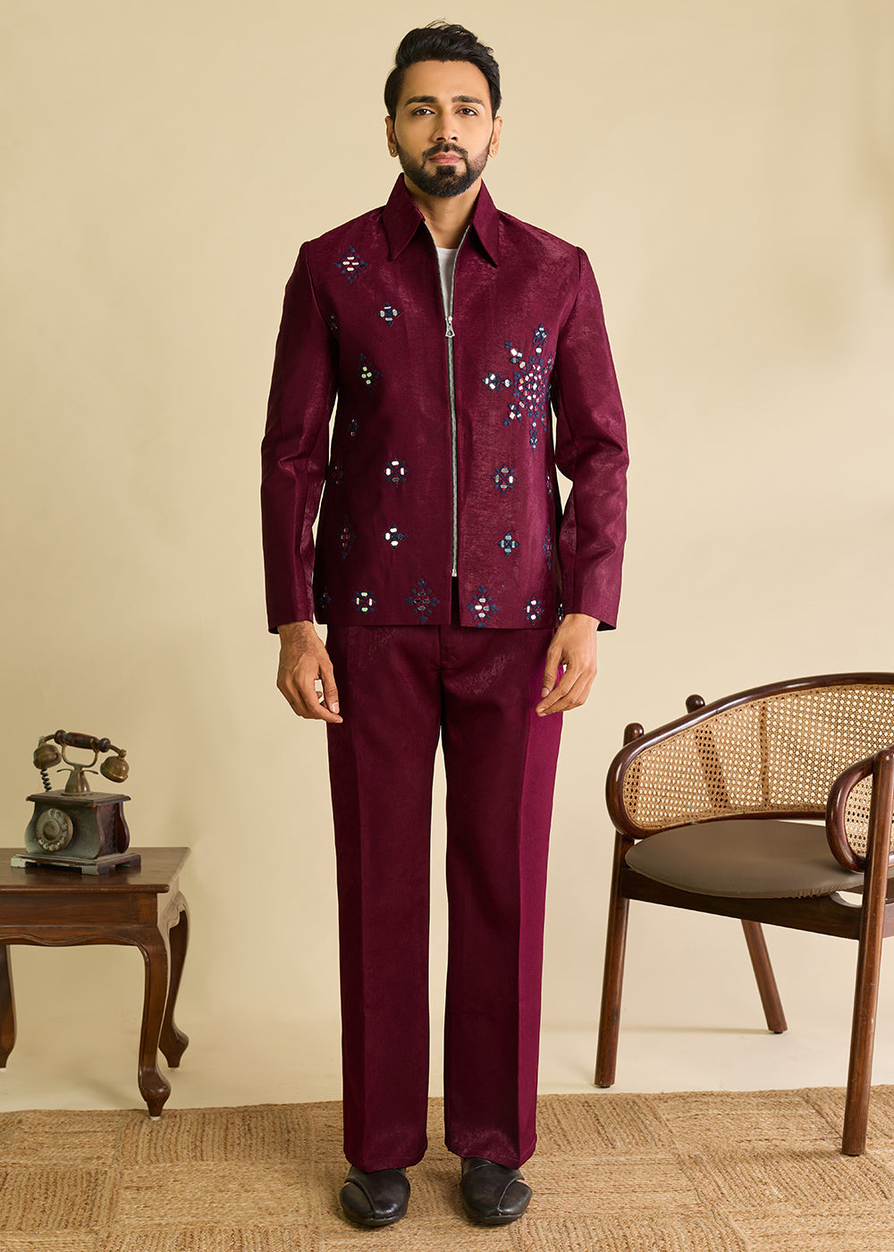 Berry Magenta Purple Velvet Jacket Pant Set with Mirror Detailing