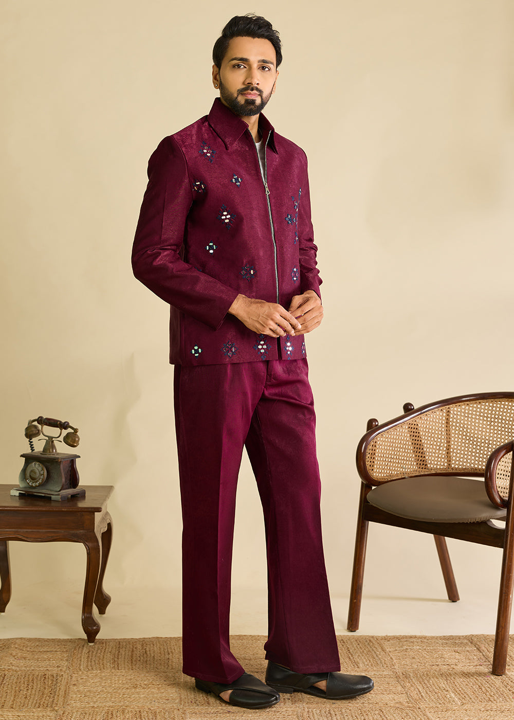 Berry Magenta Purple Velvet Jacket Pant Set with Mirror Detailing