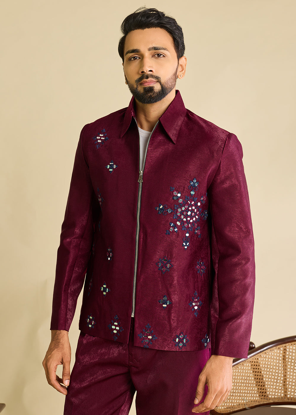 Berry Magenta Purple Velvet Jacket Pant Set with Mirror Detailing