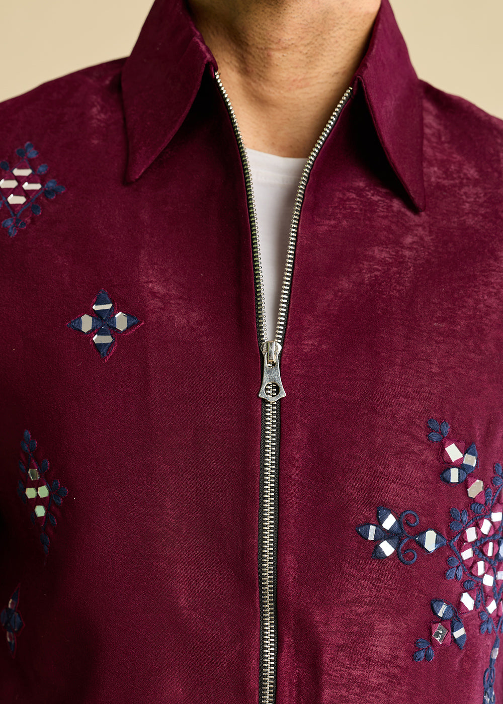 Berry Magenta Purple Velvet Jacket Pant Set with Mirror Detailing