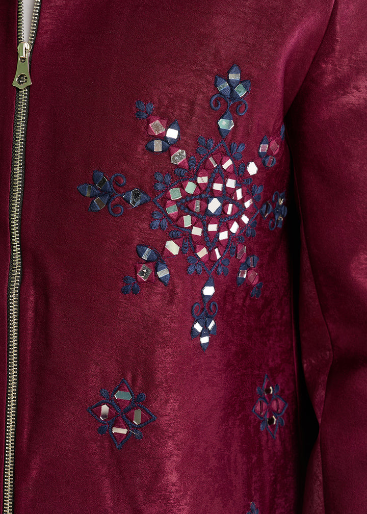 Berry Magenta Purple Velvet Jacket Pant Set with Mirror Detailing