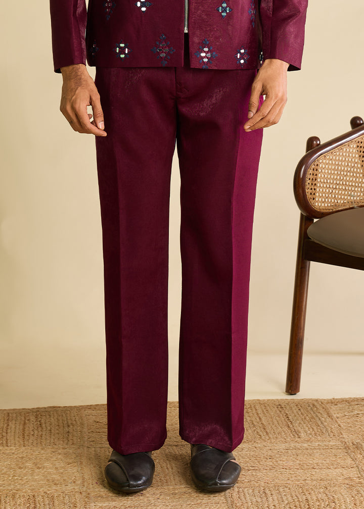 Berry Magenta Purple Velvet Jacket Pant Set with Mirror Detailing
