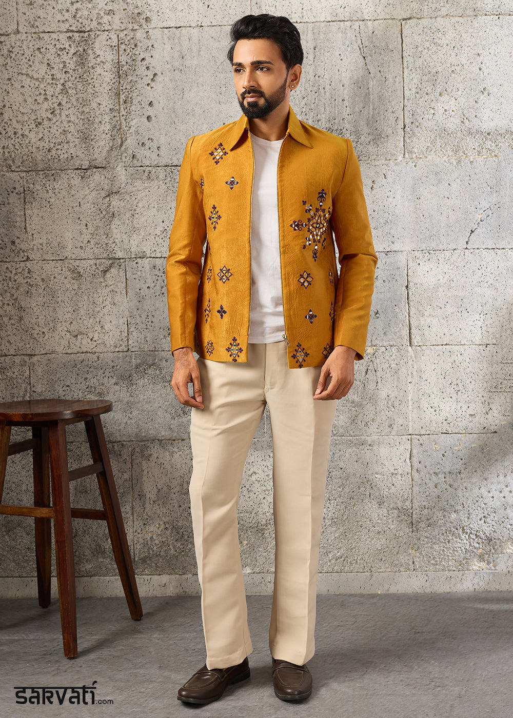 Mustard Yellow Velvet Jacket Pant Set with Mirror Detailing