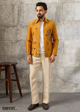 Mustard Yellow Velvet Jacket Pant Set with Mirror Detailing