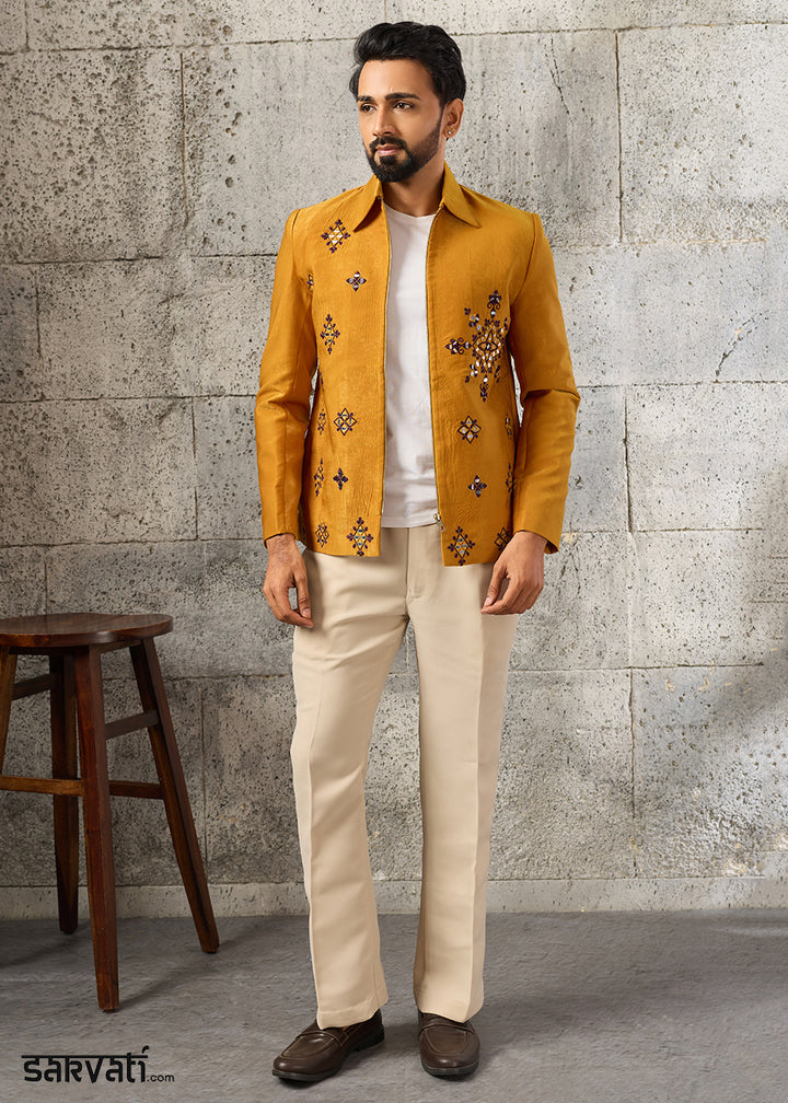 Mustard Yellow Velvet Jacket Pant Set with Mirror Detailing