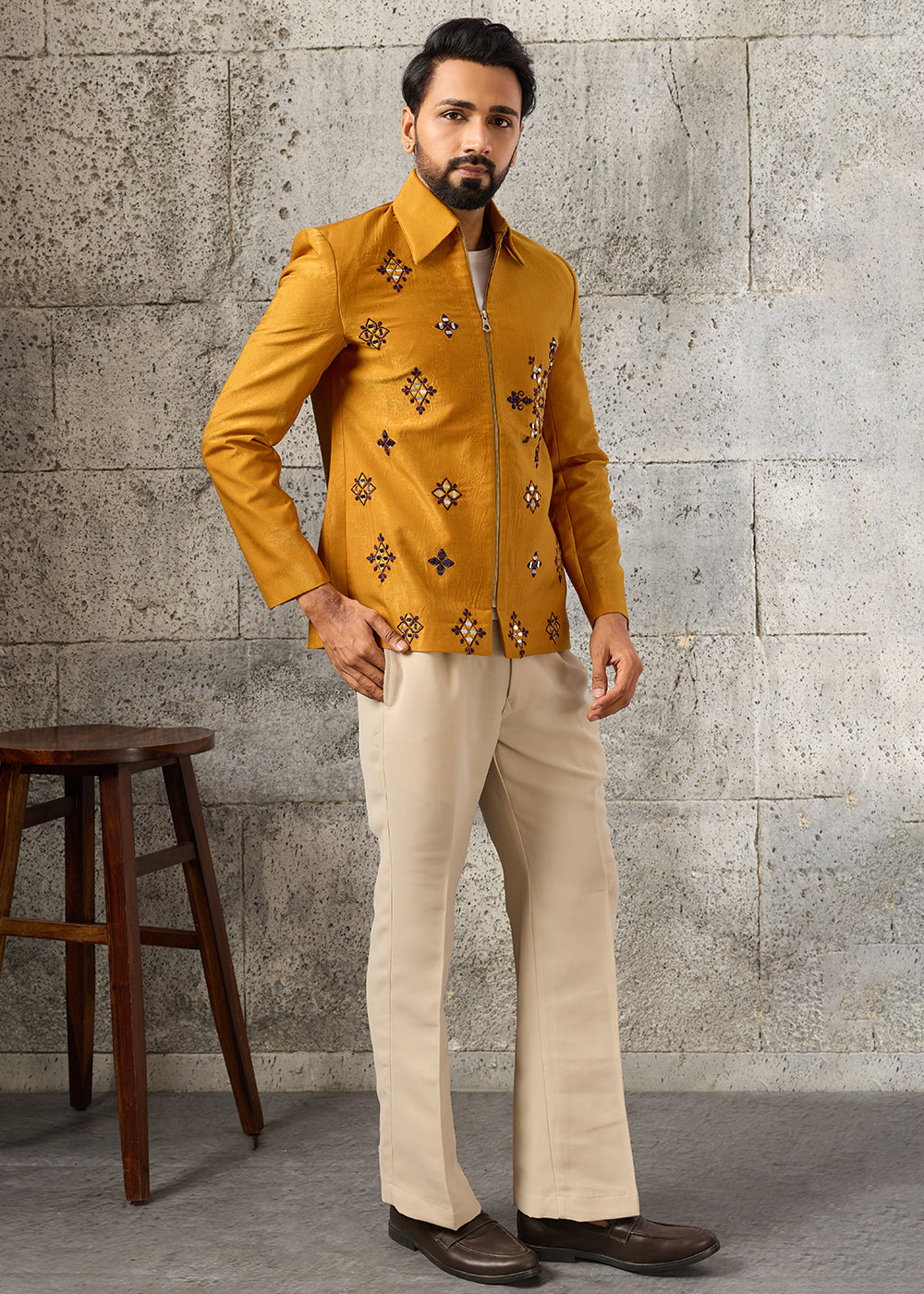 Mustard Yellow Velvet Jacket Pant Set with Mirror Detailing