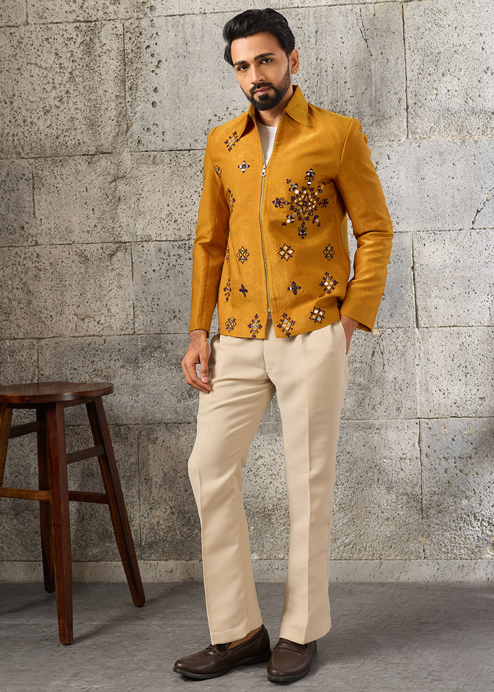 Mustard Yellow Velvet Jacket Pant Set with Mirror Detailing