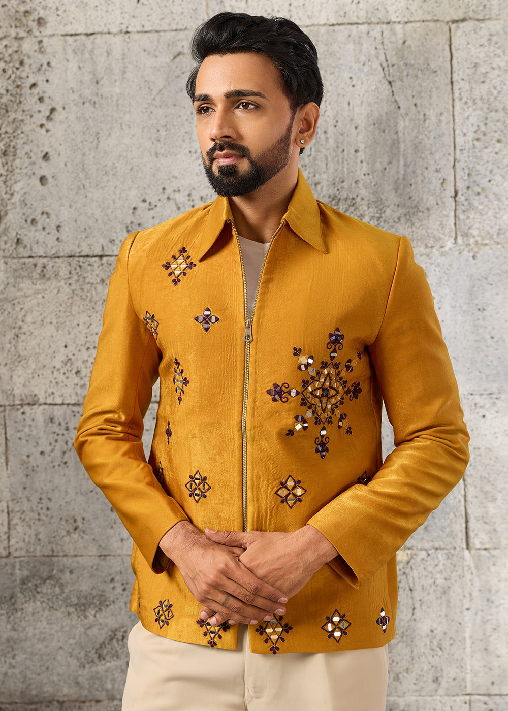 Mustard Yellow Velvet Jacket Pant Set with Mirror Detailing