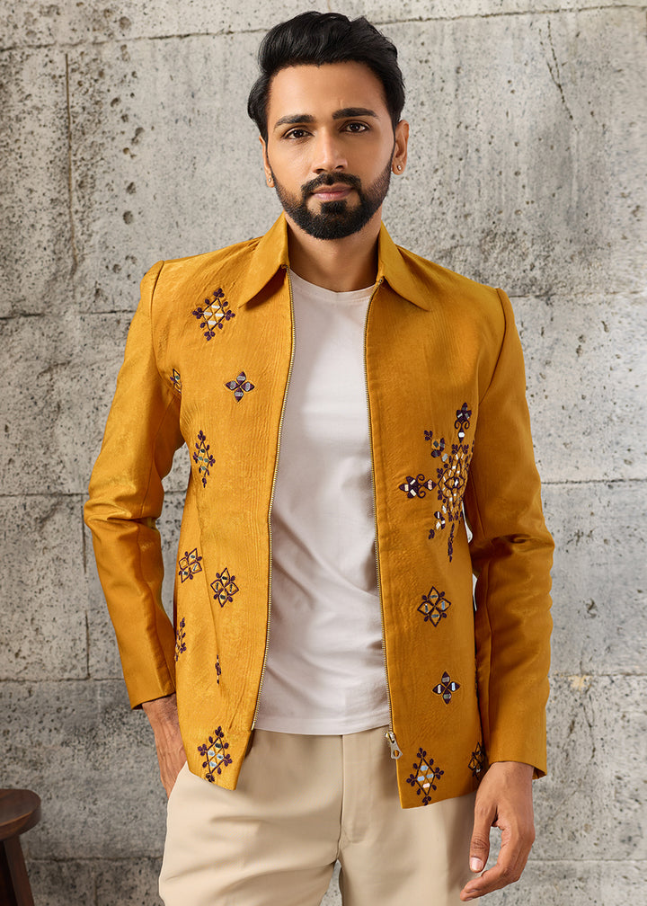 Mustard Yellow Velvet Jacket Pant Set with Mirror Detailing