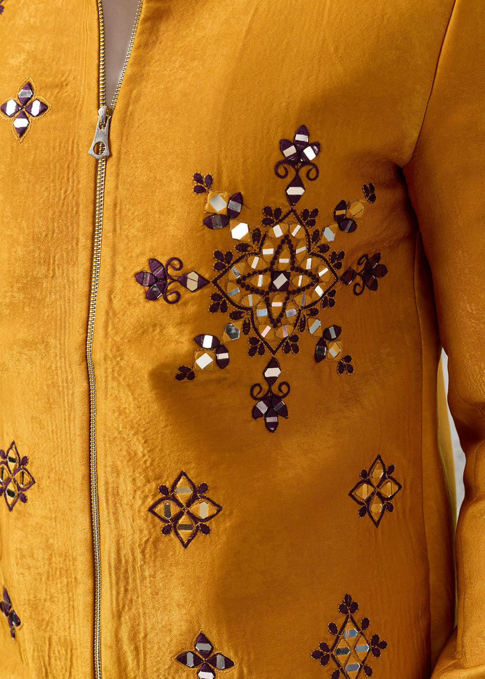 Mustard Yellow Velvet Jacket Pant Set with Mirror Detailing