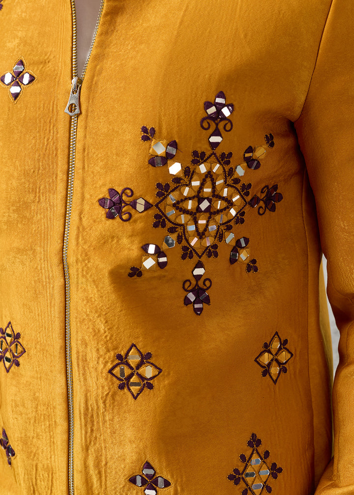 Mustard Yellow Velvet Jacket Pant Set with Mirror Detailing