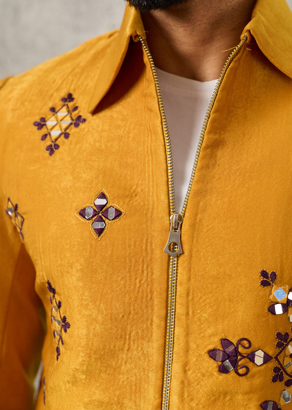 Mustard Yellow Velvet Jacket Pant Set with Mirror Detailing