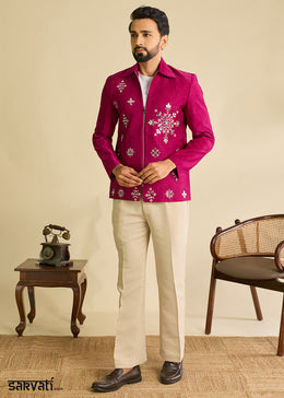 Hot Pink Velvet Jacket Pant Set with Mirror Detailing