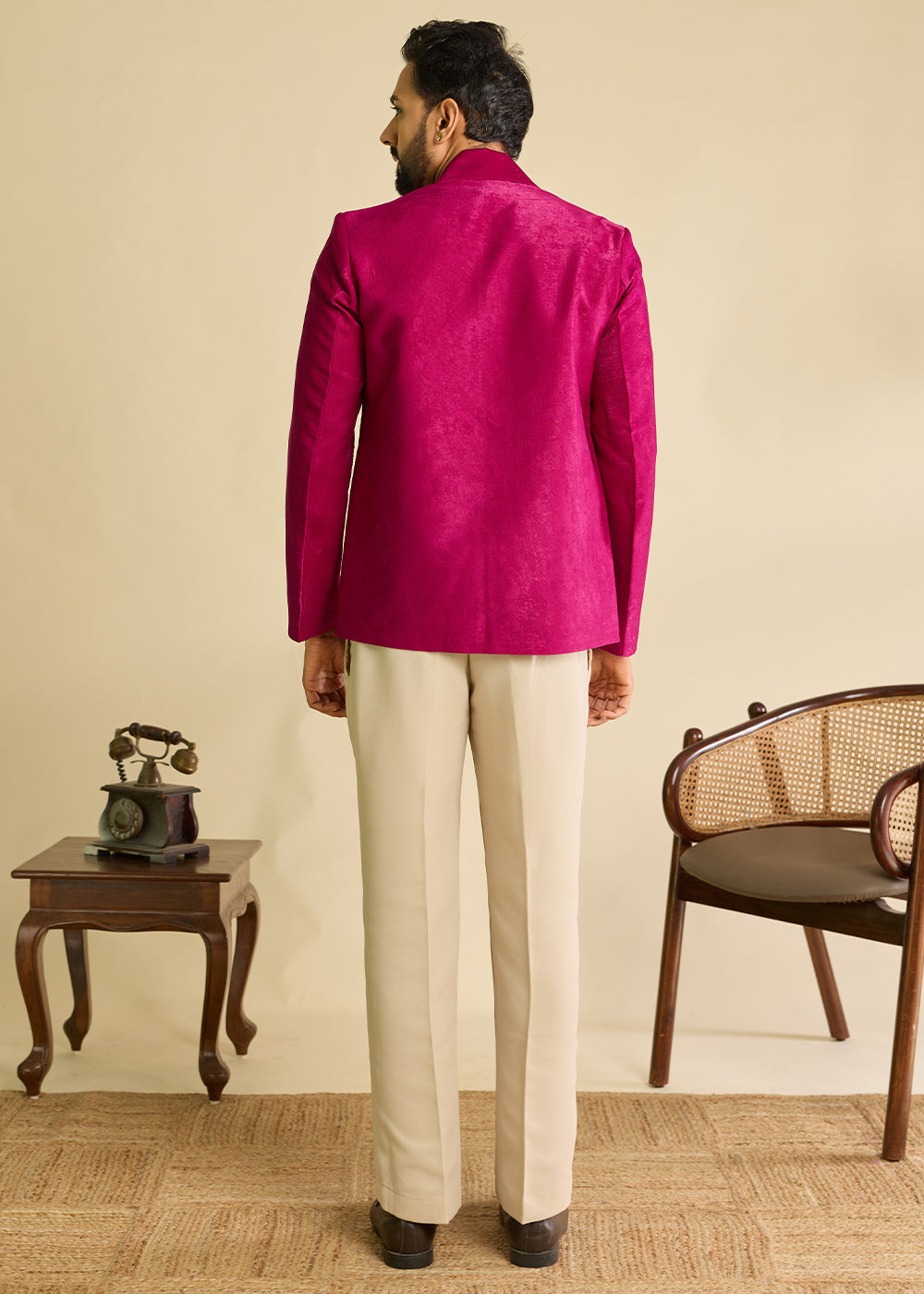 Hot Pink Velvet Jacket Pant Set with Mirror Detailing