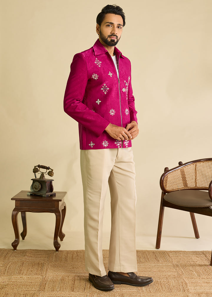 Hot Pink Velvet Jacket Pant Set with Mirror Detailing