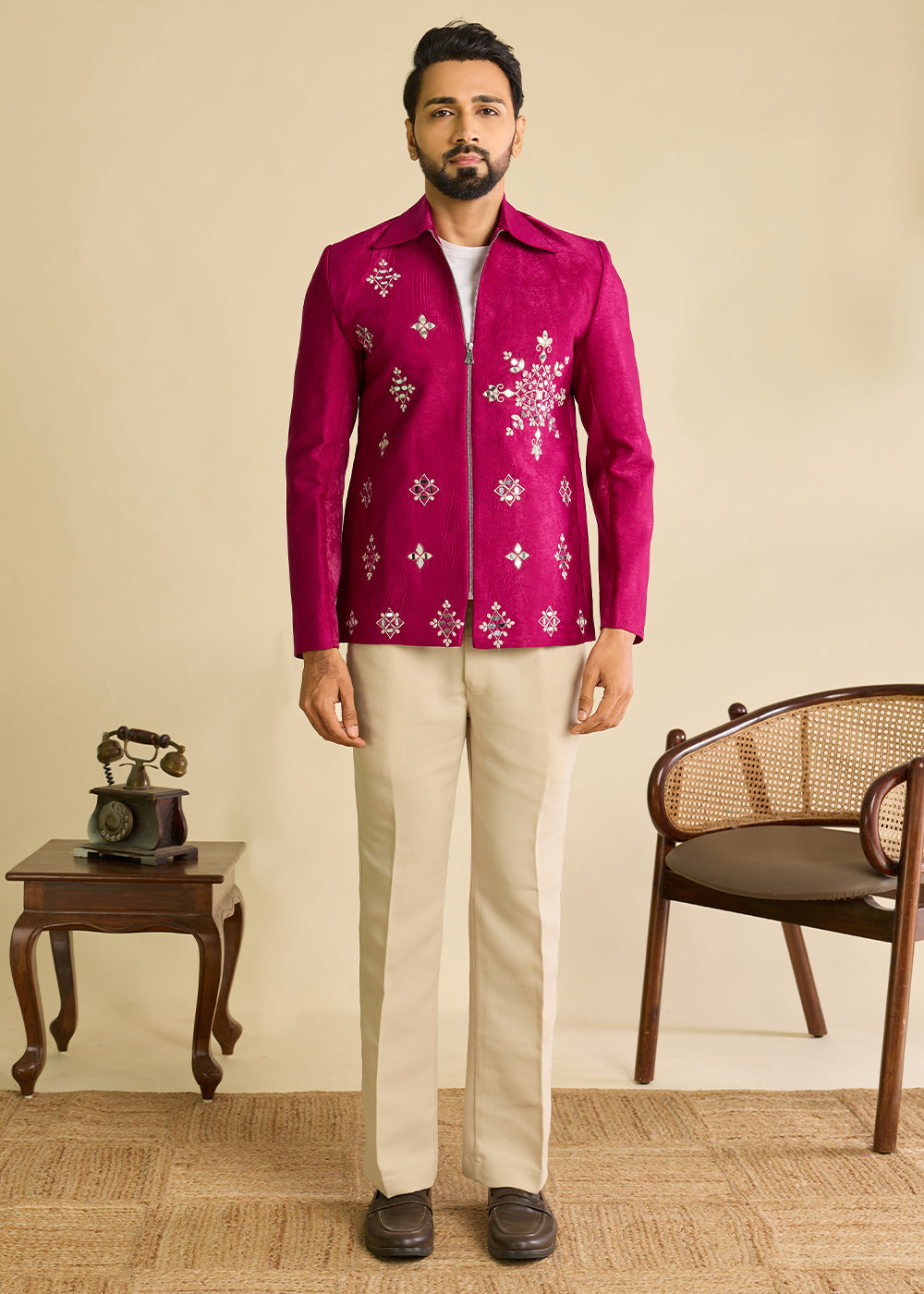 Hot Pink Velvet Jacket Pant Set with Mirror Detailing
