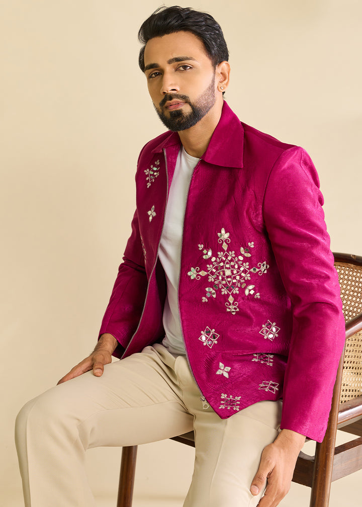 Hot Pink Velvet Jacket Pant Set with Mirror Detailing