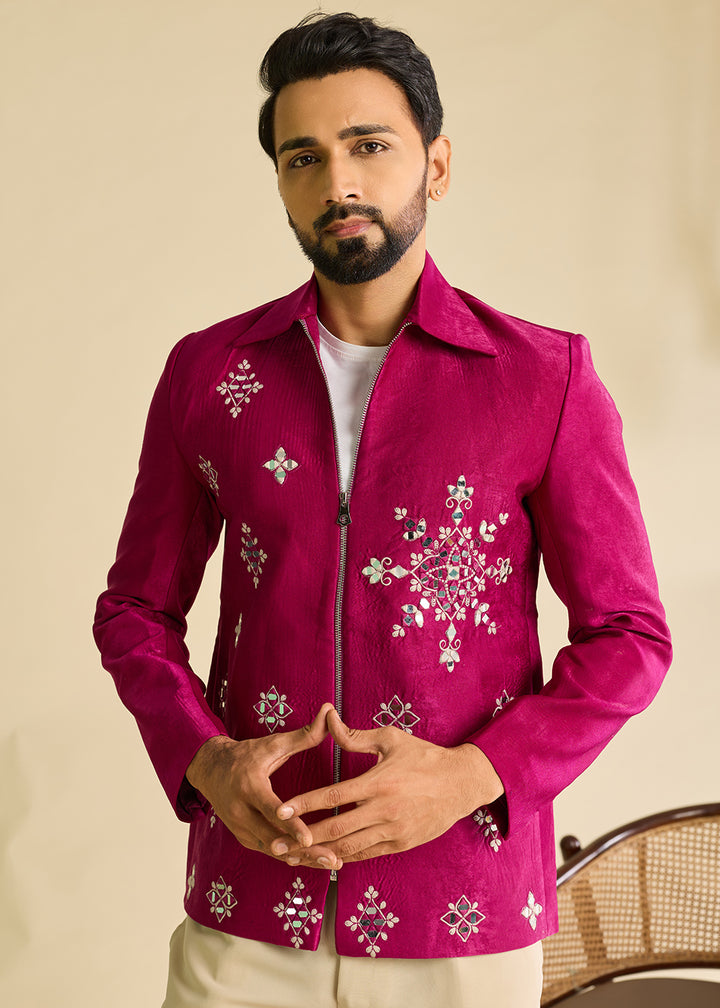 Hot Pink Velvet Jacket Pant Set with Mirror Detailing