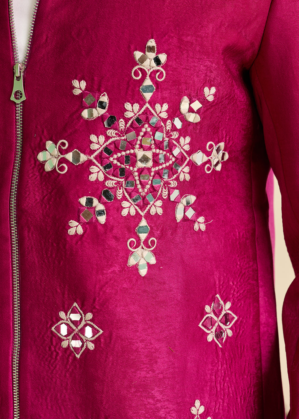 Hot Pink Velvet Jacket Pant Set with Mirror Detailing