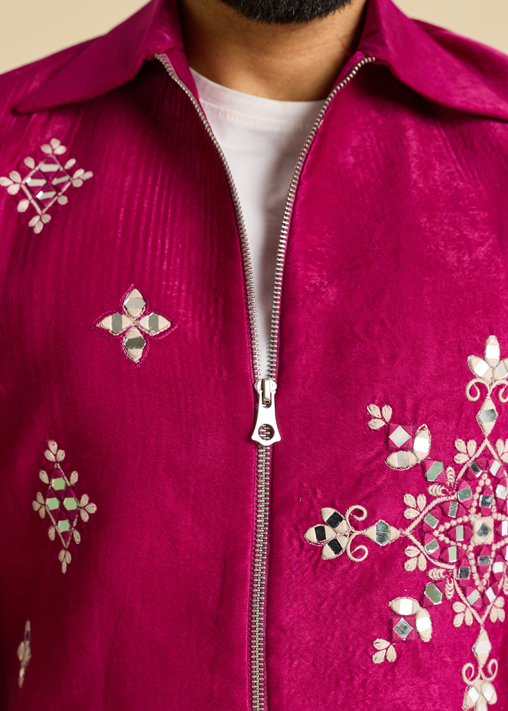 Hot Pink Velvet Jacket Pant Set with Mirror Detailing