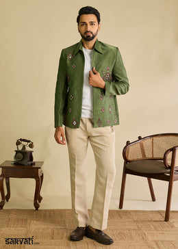 Hunter Green Velvet Jacket Pant Set with Mirror Detailing