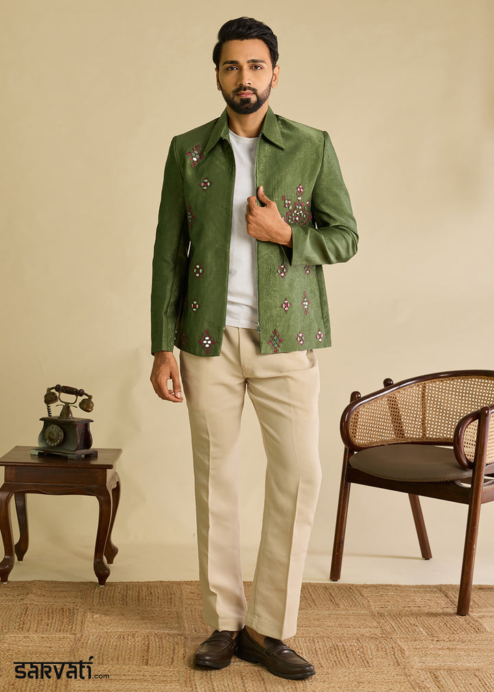 Hunter Green Velvet Jacket Pant Set with Mirror Detailing