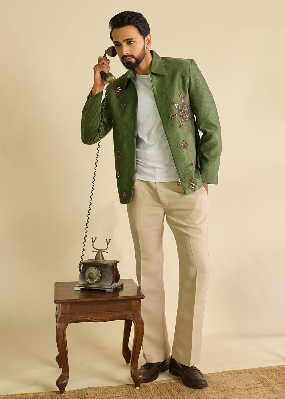 Hunter Green Velvet Jacket Pant Set with Mirror Detailing