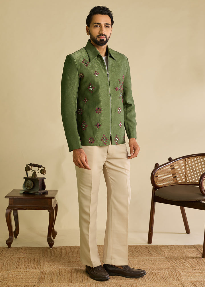 Hunter Green Velvet Jacket Pant Set with Mirror Detailing
