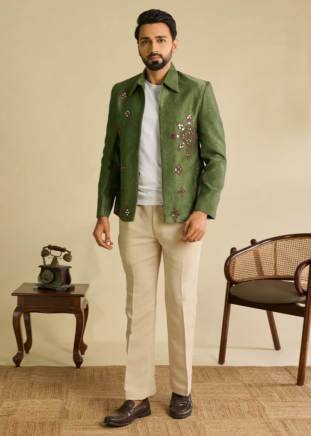 Hunter Green Velvet Jacket Pant Set with Mirror Detailing