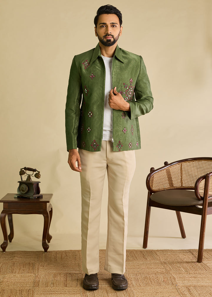 Hunter Green Velvet Jacket Pant Set with Mirror Detailing