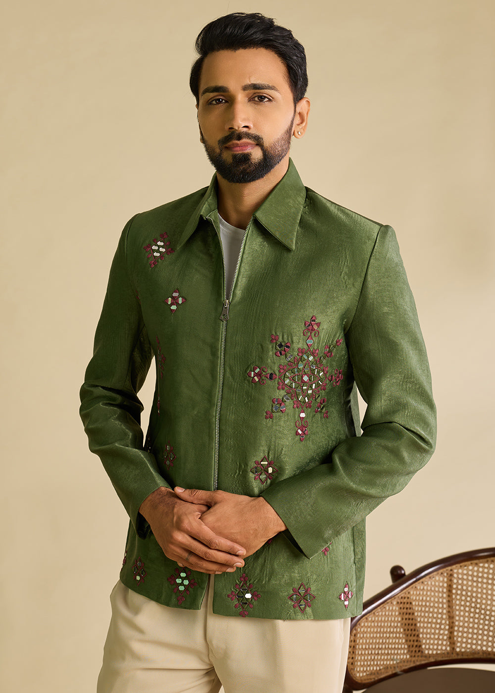 Hunter Green Velvet Jacket Pant Set with Mirror Detailing