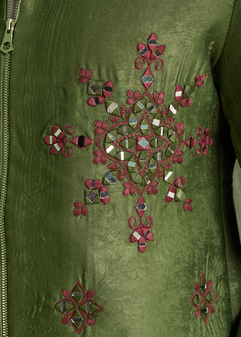 Hunter Green Velvet Jacket Pant Set with Mirror Detailing