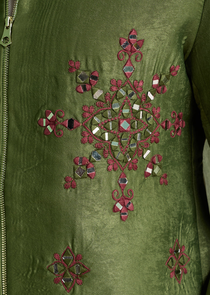 Hunter Green Velvet Jacket Pant Set with Mirror Detailing