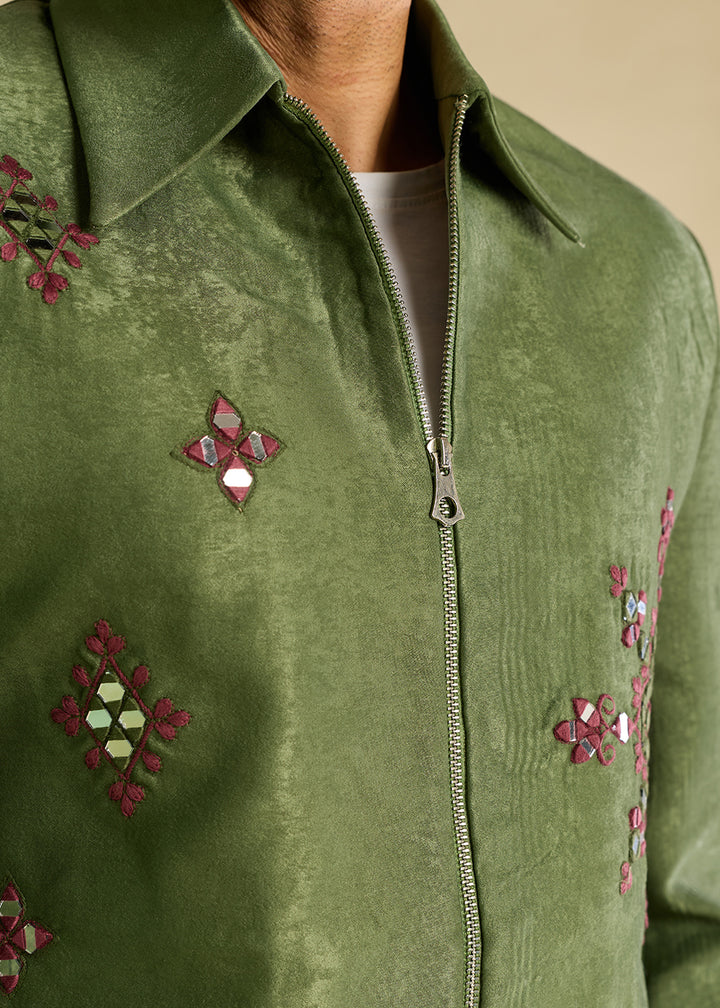Hunter Green Velvet Jacket Pant Set with Mirror Detailing