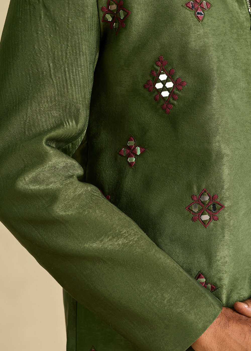 Hunter Green Velvet Jacket Pant Set with Mirror Detailing