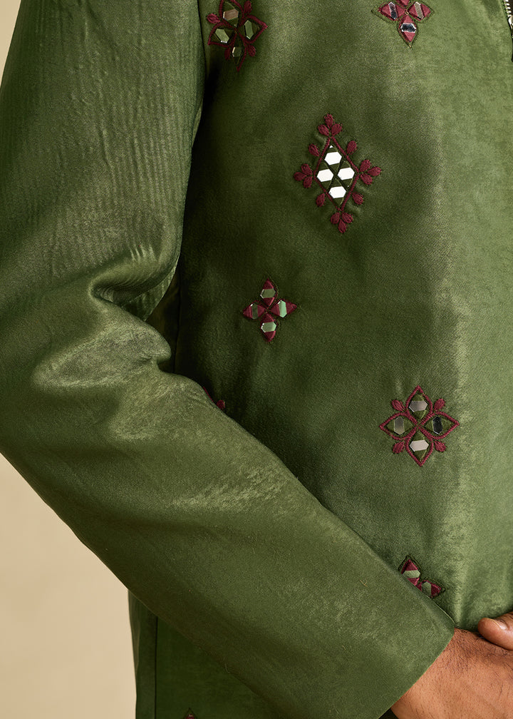 Hunter Green Velvet Jacket Pant Set with Mirror Detailing